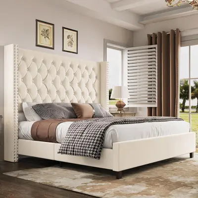 [Summerwins] AMERLIFE 61.4" Tall Bed Frame, Modern Upholstered Bed, Wingback Headboard, Velvet Tufted Handcrafted Pleat Deep Button/Comfort Luxury Design/Interior Wood Slats/No Box Spring Needed, Queen/King Size/Christmas Gifts