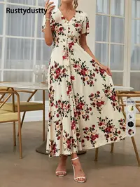 Women's Floral Print Button Front Dress, Boho French Style Casual Short Sleeve Dress for Summer, Women's Clothes for Beach Vacation Holiday