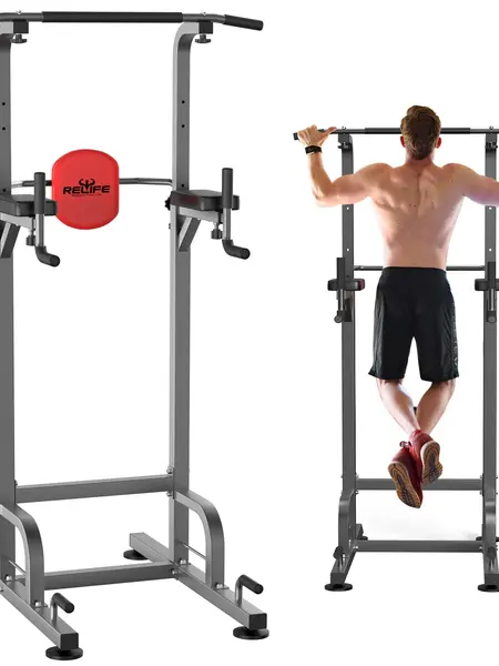 RELIFE REBUILD YOUR LIFE Power Tower Pull Up Bar Dip Station, Multi-Function Steel Calisthenics Equipment for Home Gym Strength Training, Adjustable Height, 400 lbs Capacity, Home Fitness Equipment