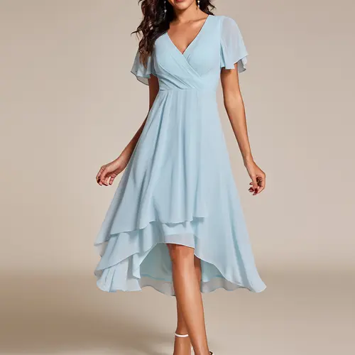 Ever-Pretty Spring Women's High-Low Hem Dress with Flutter Sleeves Surplice V-Neck ,Chiffon for Wedding Guest dress,  Cocktail Party Formal dress,2084,womenswear
