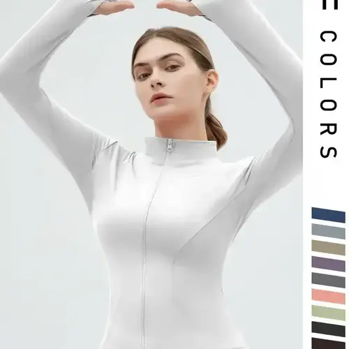 Women's Thumb Holes Zip Up Sports Jacket, Sporty Plain Long Sleeve Tops, Women's Sportswear for Tennis Pickleball Indoor Outdoor Wear, Sports Outerwear, Zip Front Jacket