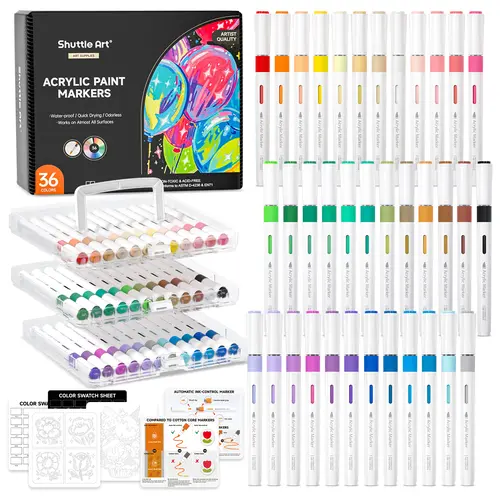 Shuttle Art Automatic Ink Control Acrylic Paint Markers, 24/36/60 Colors Brush Tip Acrylic Paint Pens for Rock Painting, Ceramic, Wood, Canvas, Glass, Stone, Fabric, Card Making, DIY & Art Supplies modelpaintingmarkers,Pastel,Metallic
