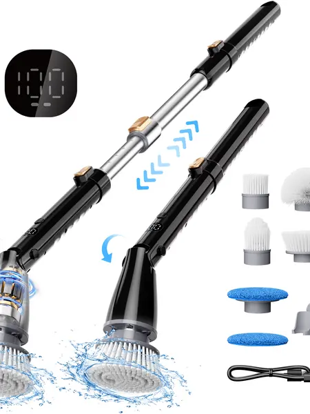 【2026 newly upgraded】Trucozie T355 Electric Spin Scrubber, Cordless Cleaning Brush with 440RPM/90Mins Runtime, 3 Adjustable Angles&Sizes, 6 Replaceable Brush Heads, 2 Speeds for Bathroom Glass, Car Cleaning, Bathtub, and Shower