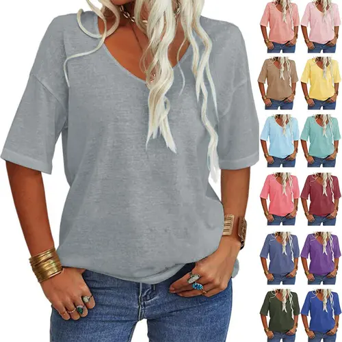 PiePieBuy Women's Women Soft V Neck Tshirt Half Sleeve Lightweight Solid Color Loose Fit Minimalist Top  Casual Comfortable Simple Womenswear shirts, Women's Clothes, Clothes For Women,summerwins,summeroutfits,vacationoutfits,beachoutfits