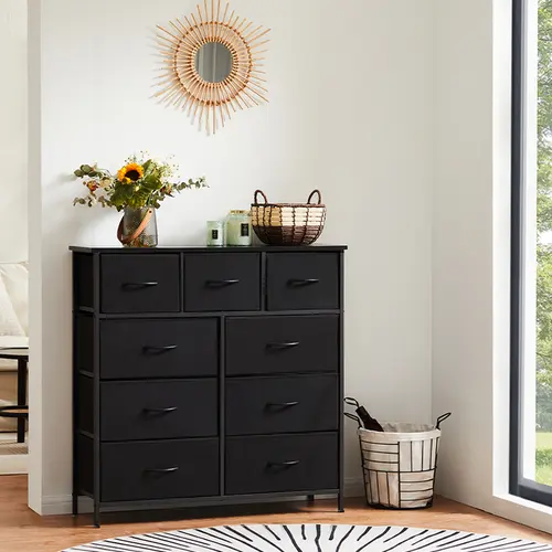 【Deals for you】Fabric Storage Tower with 9 Drawers, Bedroom Drawer Dresser Organizer, Chest of Drawers with Fabric Bins, Steel Frame and Wood Top for Bedroom, Closet, Entryway