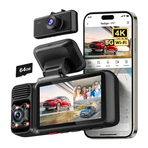 【DealsForYouDays】REDTIGER F17 4K 3-Channel Dash Cam with 5GHz WiFi GPS, 64GB Card, 2160P+1080P+1080P Cameras, IR Night Vision, Parking Mode, Car rvibes, Car VLOG