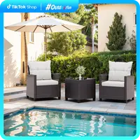 Walsunny  3 Pieces Patio Furniture Set, Outdoor Rattan Wicker Conversation Sofa Set w/Washable Cushion and Glass Tabletop for Garden Poolside Balcony