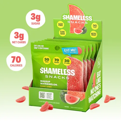 Shameless Snacks Wassup Watermelon Real Fruit Juicy Sour Sweet Natural Gummies - 6 Individually Wrapped Bags, Sucralose, Erythritol, Keto, Vegan, Gluten-Free, Low Calorie, 3g Net Carbs, 3g Sugar, 70 Calories per Bag, Fruit Candy Snack