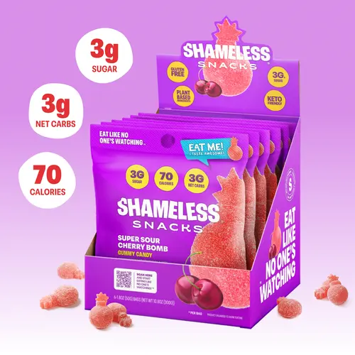 Super Sour Cherry Bomb - Keto & Vegan Gummies (6 Bags), 3g Net Carbs, 3g Sugar, Gluten-Free, 70 calories per bag, sweet snack Bonbon Candy