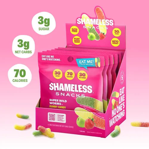 Super Wild Worms - Keto & Vegan Gummies (6 Bags), 3g Net Carbs, 3g Sugar, Gluten-Free, 70 calories per bag, sweet snack Fruit Chews Candy