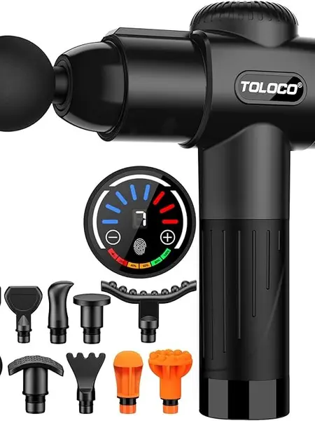 TOLOCO Massage Gun, 10 Replacement Heads, 7 Speeds, Smart Touch Screen, Portable Handheld Deep Muscle Tissue Massager for Neck & Full Body Relaxing #summerwins