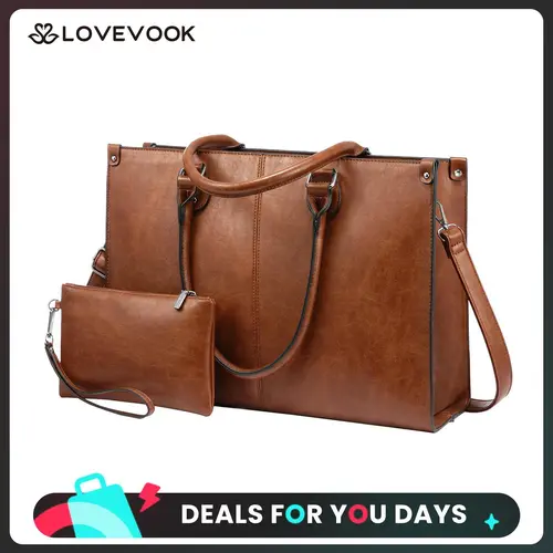 LOVEVOOK Laptop Bag for Women, 15.6-17.3 inch Vegan Leather Laptop Tote Bag Large Capacity Vintage Leather Work Bags for Women, Business Casual Shoulder Handbag, Durable. DealsForYouDays