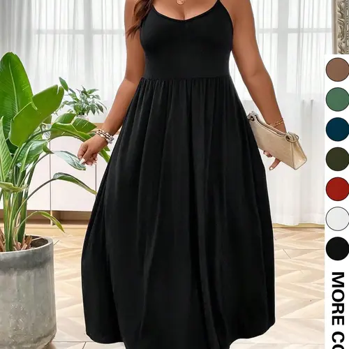 Plus Size Criss Cross Backless Cami Dress, Casual Solid Sleeveless Spaghetti Strap A-Line Dress for Summer, Women's Clothes for Party Holiday