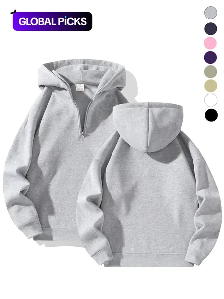 Men's Plain Half Zip Drop Shoulder Essentials Hoodie, Regular Fit Fitted Casual Comfy Fit Long Sleeve Hooded Sweatshirt for Fall & Winter, Men's Clothes for Daily Wear