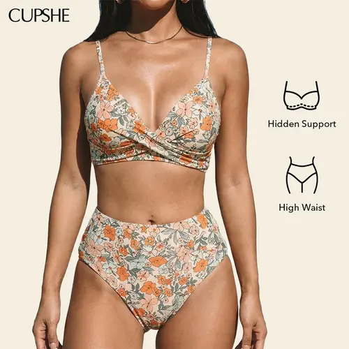 CUPSHE High Waisted Bikini Sets for Women 2026: Tummy Control Two Piece Swimsuit with Twist Front V Neck & Adjustable Straps, Size Inclusive XS XXXL Floral Bathing Suits Summer Beach Holiday Bathing suit #DealsForYouDays