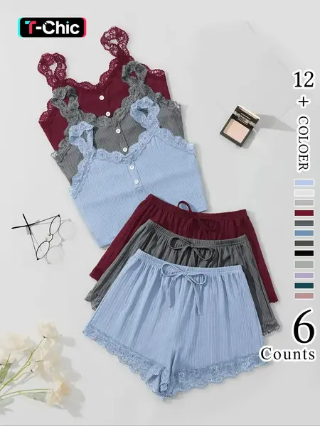 Women's Elegant Chic Contrast Lace Button Jersey Cami Top & Elastic Waist Tie Front Shorts Pyjama Set, Casual Comfortable Soft Loungewear Set For Women, Fit Pyjamas for Women, Spring, Lingerie, Elegance, All Season Lingerie