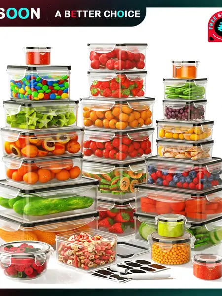 AISOON 40 PCS Extra Large 85oz Plastic Airtight Food Storage Containers Set (20 Containers + 20 Lids) - Square, Round, Rectangular, Leakproof, Reusable, Microwave & Dishwasher Safe, with Labels & Pen for Storage Organization