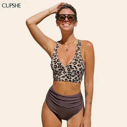 Cupshe Women's Leopard Print Midkini Swimsuit, High Waisted Tummy Control Bikini Set with Cross Back Support for Beach Vacation, Clothing