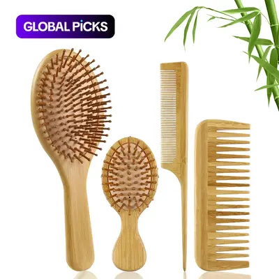 Bamboo Hair Comb Set, 4-Count Natural Bamboo Paddle Detangling Hairbrush, Wide-Tooth and Tail Comb, Smoothing Hair Styling Tools for Women and Men, Curly Hair Care Grooming Gift, Hair Care Accessories #GLOBAL PICKS