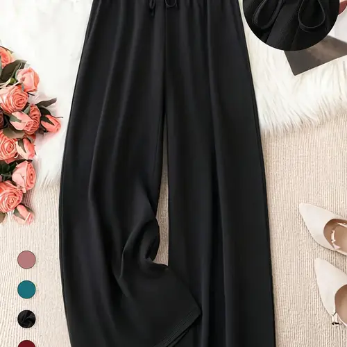 Plus Size Solid Knot Front Elastic Waist Wide Leg Woven Drape Pants, Casual Style Loose Fit Trousers for Everyday Wear, Women's Bottoms for Spring & Summer, Womenswear, Adjustable, Breathable