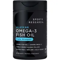 Sports Research Triple Strength Omega 3 Fish Oil - Burpless Fish Oil Supplement w/ EPA & DHA Fatty Acids from Wild Alaskan Pollock - 1250 mg, 90 ct