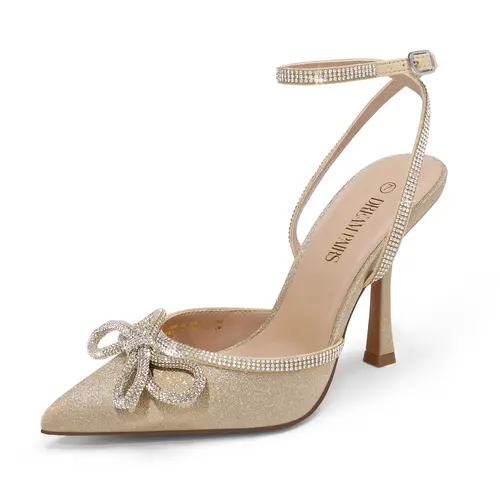 【Deals For You Days】DREAM PAIRS Women's Destiny Rhinestone-Strapped Flare High-Heel Pumps - Pointed Toe, Formal Elegant Party Footwear, Gold Summer Luxury Statement Metallic Sparkly Shoes for Women Graduation