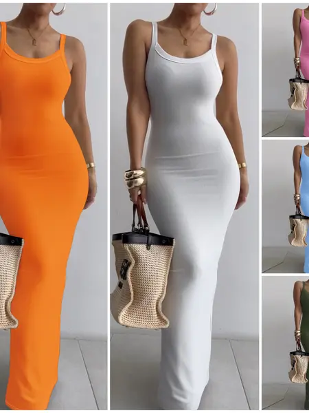 CHICME Women Spaghetti Strap U-Neck Casual Maxi Dresses Slim Fit Cami Dress/Elegant Solid Color Cami Lounge Dress Party Club  Bodycon Dress