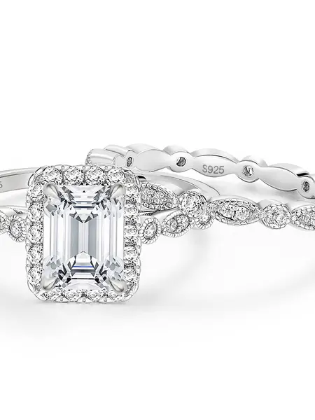 EAMTI 2CT 925 Sterling Silver Bridal Ring Sets Emerald Cut CZ Promise Rings Marquise Wedding Bands for Women