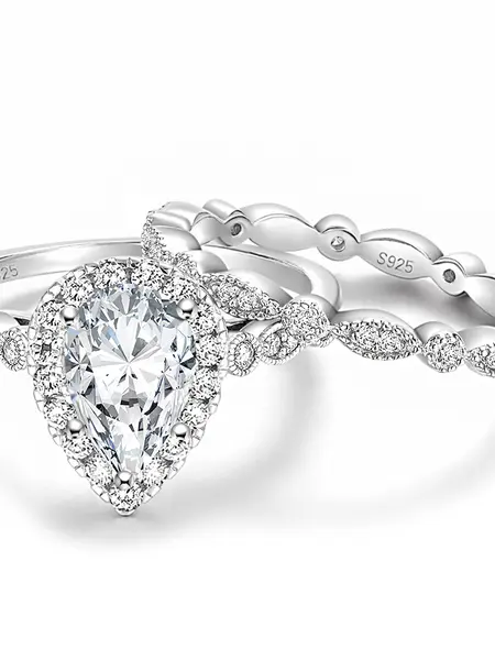 EAMTI 1.25CT 925 Sterling Silver Bridal Ring Sets Teardrop Cut Engagement Rings Vintage Pear Promise Rings Marquise Wedding Bands for Women
