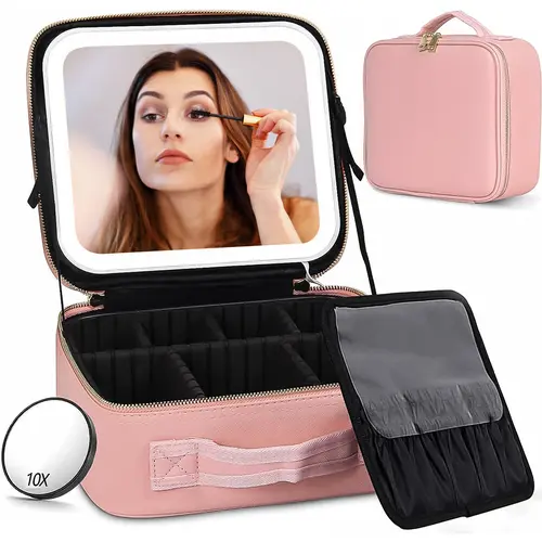 Makeup Bag with Mirror and Light Travel Makeup Train Case Cosmetic Bag Organizer Portable Artist Storage Bag with Adjustable Dividers Makeup Brushes Storage Organizer-Ideal Mother's Day Present for the Stylish Mom