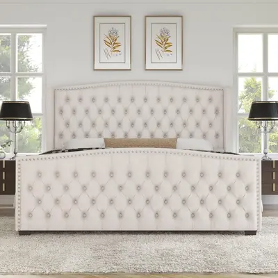 [Summerwins]AMERLIFE Platform Bed Frame, Upholstered Bed with Deep Button Tufted &Nailhead Trim Wingback Headboard/No Box Spring Needed/Christmas Gift, Sturdy Bed Frame, Bed Frames