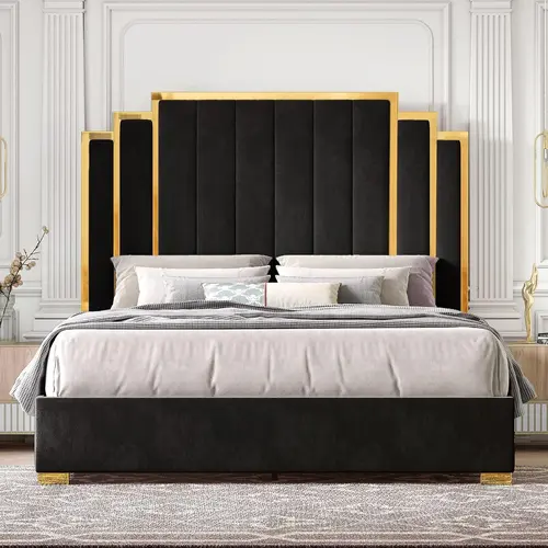 [Summerwins]Amerlife King Size Upholstered Platform Bed Frame - Velvet Headboard with Gold Trim, Durable Wooden Slats, No Box Spring Needed, Unique Bedroom Furniture, Platform Bed Design, Christmas Gift Idea