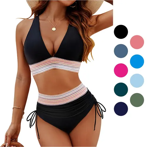 Blooming Jelly Women 2-pieces Stylish mom High Waisted Bikini Sets Tummy Control Swimsuits with Adjustable Wide Shoulder Straps Color Block  Drawstring Bathing Suit #SwimWeek #Summervibes summerwins