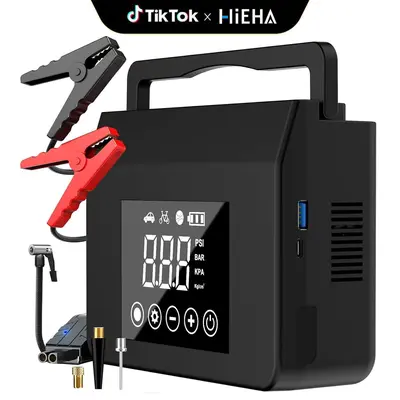 【HiEHA | DealsForYouDays】2026 Tire Portable Air Compressor & Car Jump Starter& Portable Power Bank Charger, 3 in 1, 8000mAh 0-150 PSI for Car, Motorcycle, Bike, Balls, Motorboat, Tablet PC, Phones and LED/SOS Light