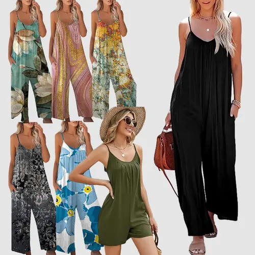 Plus Size Women's Casual Spaghetti Strap Jumpsuit with Pockets, Sleeveless Wide Leg Style in Stretchy Polyester