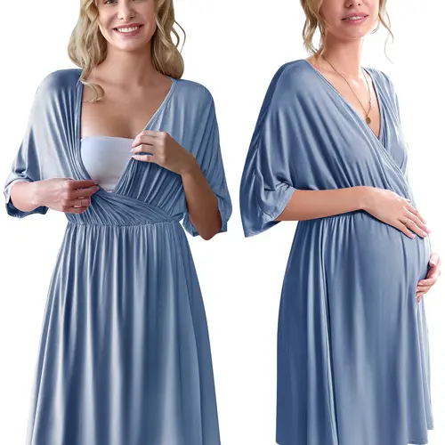 Ekouaer Pregnancy 3-in-1 Maternity Hospital Gown - Short Sleeve, Skin-Friendly, Elastic Waist, V-Neck Nursing Clothing (Sizes S-XXL)
