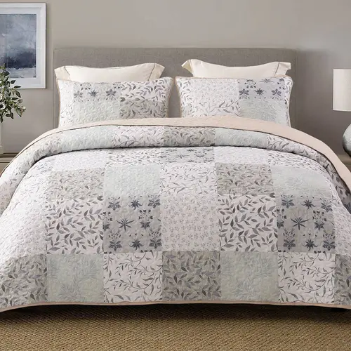 【dealsforyou】Exclusivo Mezcla Reversible Boho Quilt Set, 3 Pieces Plaid Patchwork All Season Bedspreads, Ultra Soft Floral Coverlet Bedding Set with Printed Pattern (1 Quilt, 2 Pillow Shams)