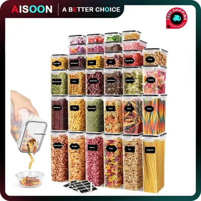 AISOON 68 PCS Airtight Food Storage Containers with Lids - BPA-Free Kitchen Organization Set, Dishwasher Safe, Includes Labels & Spoon, Cereal & Flour Dispensers, Hygienic Non-Porous Food Safe Jars, Airtight Food Containers