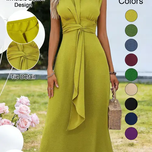 Women's Sleeveless Round Neck Plain Summer Dress, Elegance Slimming Front Design, Waist Cinched A-Line, Perfect for Casual Commuting