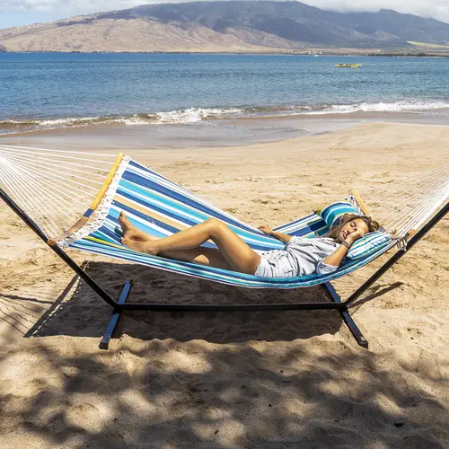 【Summervibes】SUPERJARE Striped Adjustable Fabric Double Portable Hammock with Stand, 450lbs Heavy-Duty Padded Cotton-Polyester Hammock, Detachable Pillow, Strong Curved Bar, Portable Carrying Bag, Ideal for Home Decor & Outdoor Use