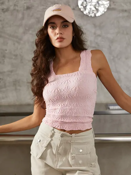 Women's Seamless Jacquard Tank Top, Fashionable Casual Base Layer Square Neck Vest, Slim Fit for Layering