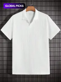 Men's Solid Jacquard Polo Shirt, Regular Fit Casual Short Sleeve Collared Top for Summer, National Day Clothing, Fashion Men's Clothes for Daily Wear