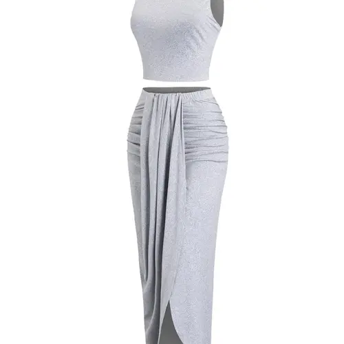 Women's Solid Jersey Crop Tank Top & Ruched Asymmetrical Hem Split Skirt Set, Womenswear Clothes, Basic Casual Mock Neck Sleeveless Top & High-Waist Wrap Skirt, Cute Chic Summer Outfit, Cropped Top Set