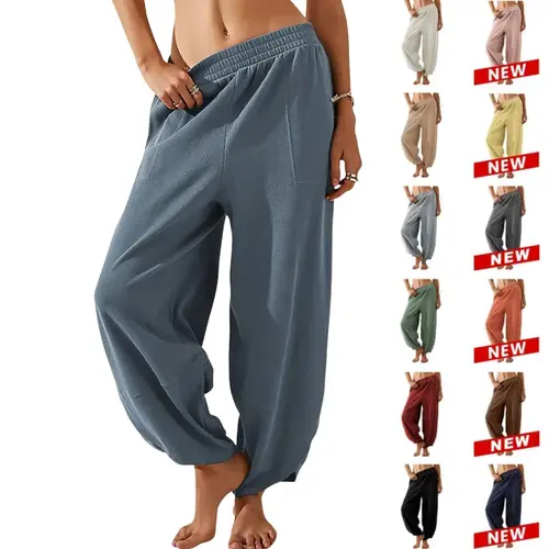 Yeokou Women's Minimalist Basic Bottoms, Casual Loose Baggy Wide-Leg Elastic-Waisted Palazzo Harem Trousers with Pockets,summerwins,summeroutfits,vacationoutfits,beachoutfits