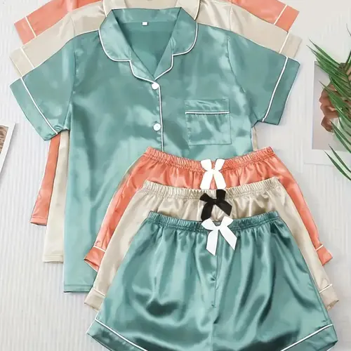 Women's Solid Contrast Binding Bow Decor Pajama Set, Short Sleeve Button Front Lapel Shirt & Shorts Pj Set, Ladies Summer Sleepwear & Loungewear