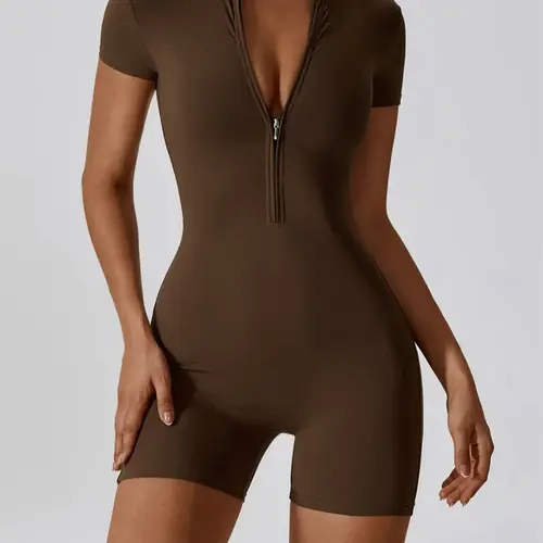 Sporty Women's Solid Color Zip Up Half Placket Mock Neck Sports Skinny Romper, Casual Quick Drying Short Sleeve Romper for Yoga Gym Workout Running, Sporty Comfy Romper, Yoga Workout Jumpsuits, Zipper Yoga Jumpsuit, Stretchy Sports Outfit