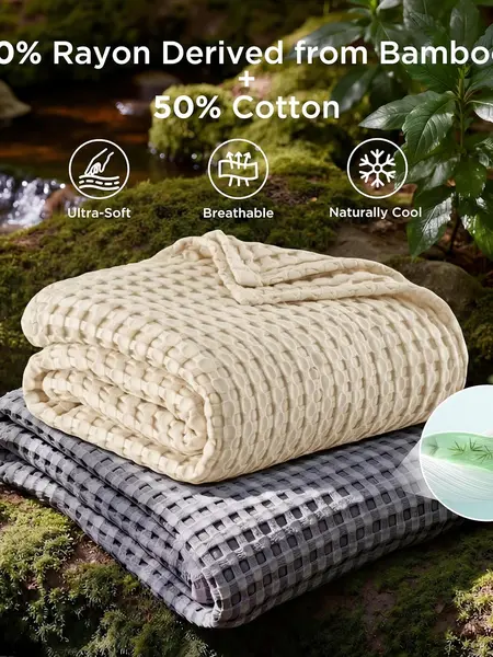 Bedsure Cooling Bamboo Waffle Blanket,Moody Color,- Lightweight Breathable Cotton Blanket of Rayon Derived from Bamboo for Hot Sleepers, Luxury Throws for Bed, Couch and Sofa
