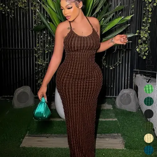 Women's Solid Criss Cross Backless Frill Trim Cami Dress, Bodycon Maxi Dress for Party Club Dating Wear, Dresses for Women, Summer Dresses