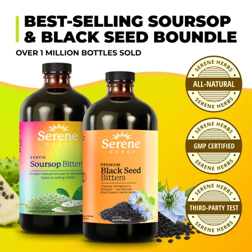 Serene Herbs Soursop & Black Seed Bitters Bundle | Organic Herbal Detox for Digestive Health Gut Healthy Booster Immune Support & Energy | Non-GMO, Vegan (32 fl oz, 16 fl oz Each)