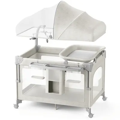 BabyBond 3 in 1 Baby Bassinet, Bedside Crib Sleeper, Easy Assembled Portable Playpen with 2 Adjustable Heights, Removable Diaper Changing Pad, Storage Bag, Mosquito Net, 3 Toys, Toy Rack & Wheels for Infant Newborn 0-2 Years, Mothersdaygift